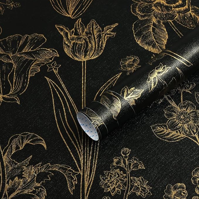 Dimoon 236"x17.3" Floral Wallpaper Peel and Stick Flowers Golden Black Contact Paper Thicken Waterproof Modern Self Adhesive Plants Wallpaper Removable Wall Paper Shelf Vinyl Roll