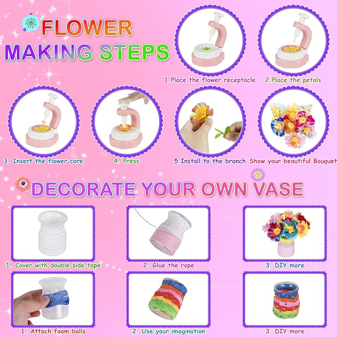 Girls Crafts Ages 4-12, DIY Fabric Flower Crafts Kits with Vases and Decoration Kits, Make Your Own Bouquets and Vases, Christmas, Birthday Gifts for Girl, Educational Activity, Art and Craft for Kids