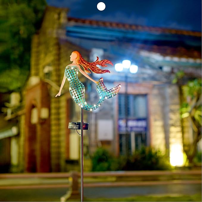 ARTER Solar Garden Stake Lights, Metal Mermaids Ocean Nautical Outdoor Waterproof Solar Pathway Lights with 3.6 Feet 22 LED Fairy Lights for Yard Patio Lawn Poolside, 37 Inches Tall (Pack of 2)