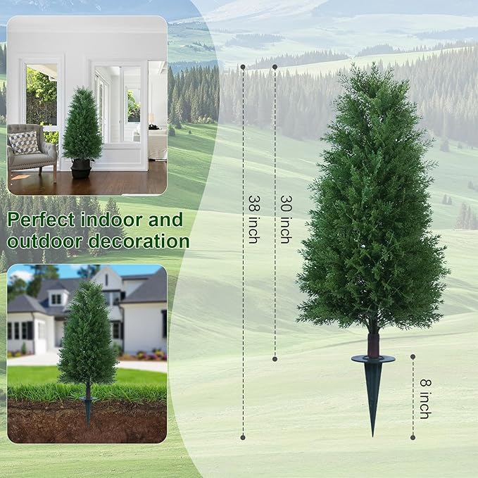 3FT Artificial Cedar Topiary Ball Trees with Ground Spike, 2 Pack UV Resistant Artificial Shrubs, Fake Evergreen Artificial Plant Brush for Indoor Outdoor Front Porch Garden