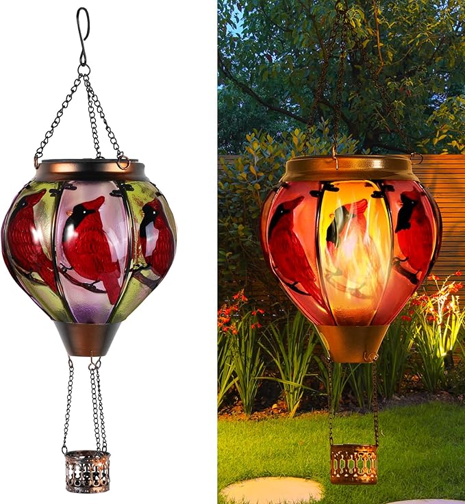 Cardinal Bird Hot Air Balloon Solar Lantern Lights, Solar Hot Air Balloon Flickering Flame Hanging Garden Light Candle LED Glass & Metal Outdoor Waterproof Lanterns Porch Yard Decor, Gift for Mom