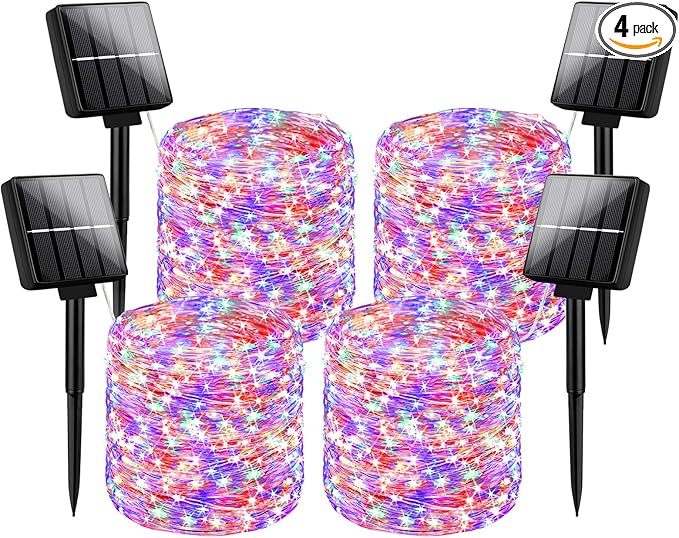 Brightever 4-Pack Solar Outdoor String Lights 288FT, Each 72FT 200 LED Solar Powered Multicolored Fairy Lights Waterproof, 8 Modes RGB Twinkle Lights for Christmas, Halloween Decorations