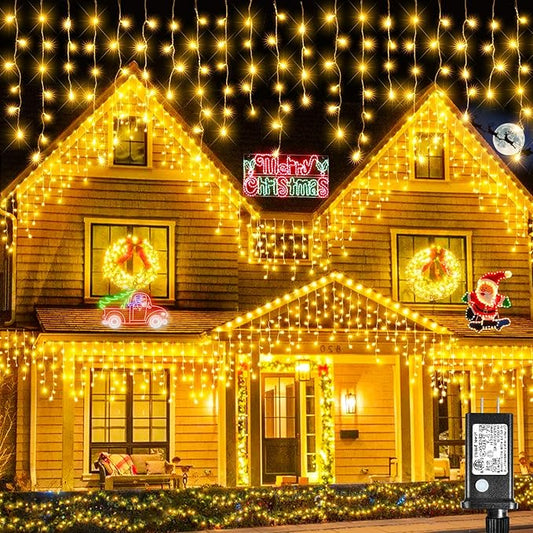 Christmas Icicle Lights Outdoor, 640 LED 66FT Icicle Lights for Outside with 8 Modes Timers, Waterproof Plug in Connectable Christmas Light for House Yard Patio Eave Wedding Decorations, Warm White