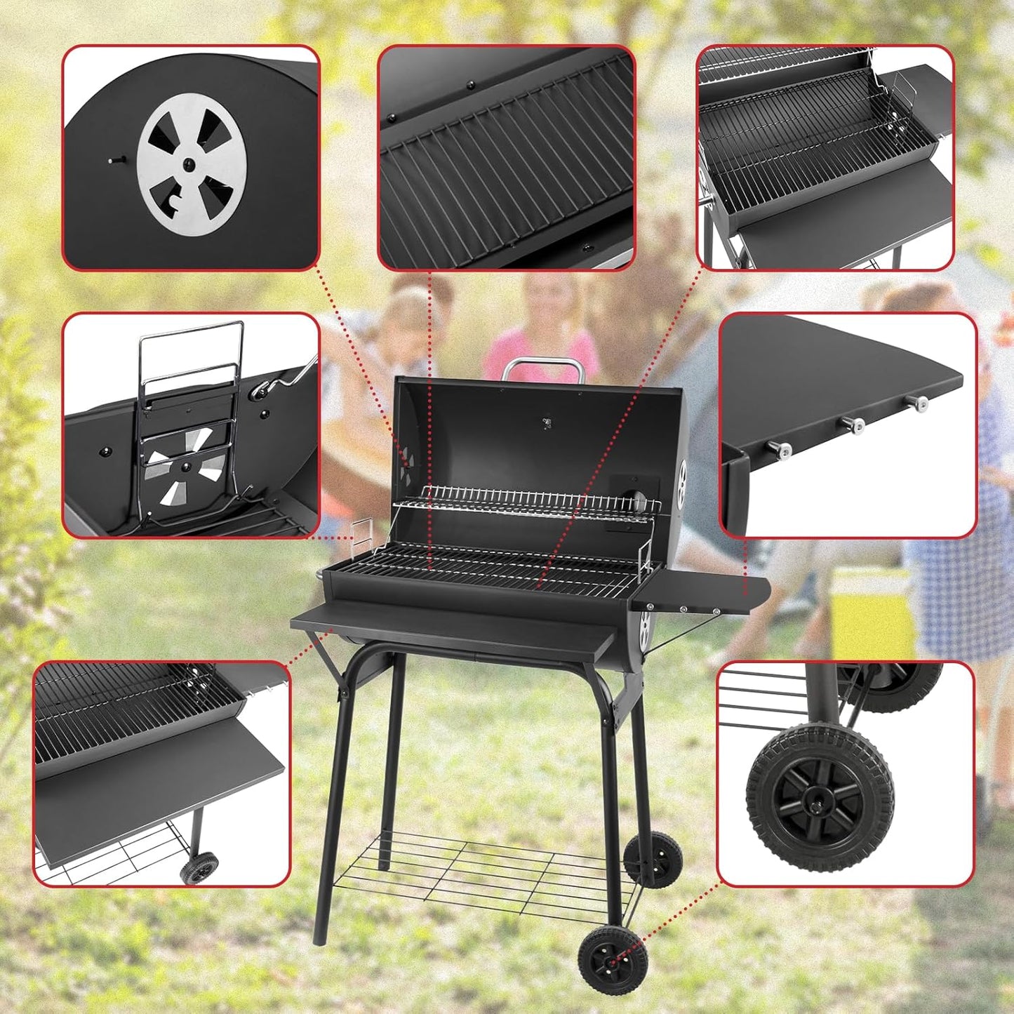 Barrel Charcoal Grill, Large Charcoal Grills with Front and Side Shelf, 627 Square Inches Cooking Grid, Outdoor BBQ Grill, Perfect for Backyard Camping, Patio Parties, and Picnics