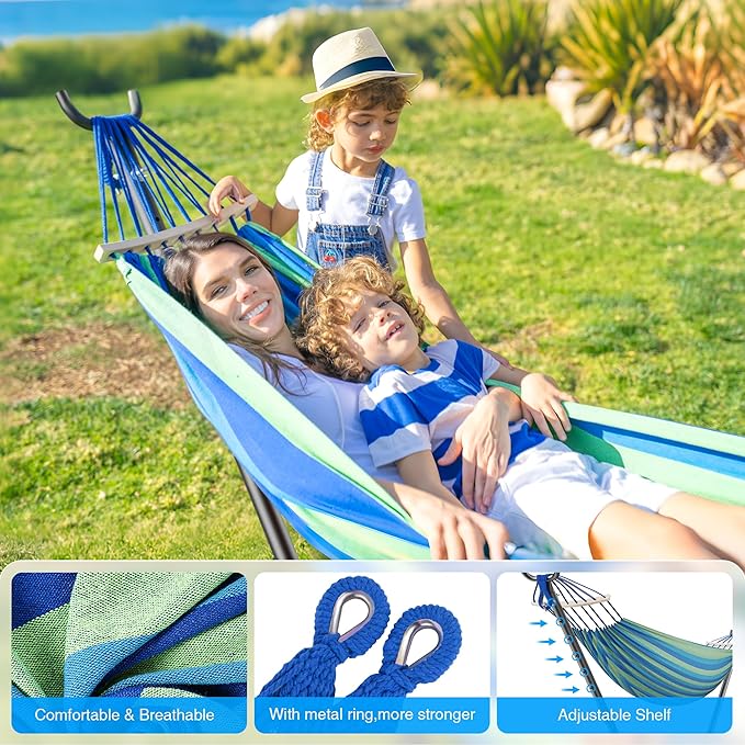 Double Hammock, Heavy Duty Portable, 500 lb Weight Capacity, Perfect for Both Indoors and Outdoors, 2 Person Hammock with Carrying Bag, Wide Blue