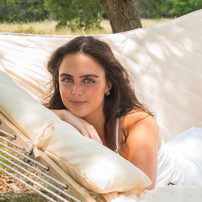 ANOW Outdoor Rope Hammock with Spreader Bars, Heavy Duty Hammock with Pad for Outdoors, 450 LBS Weight Capacity, Cream