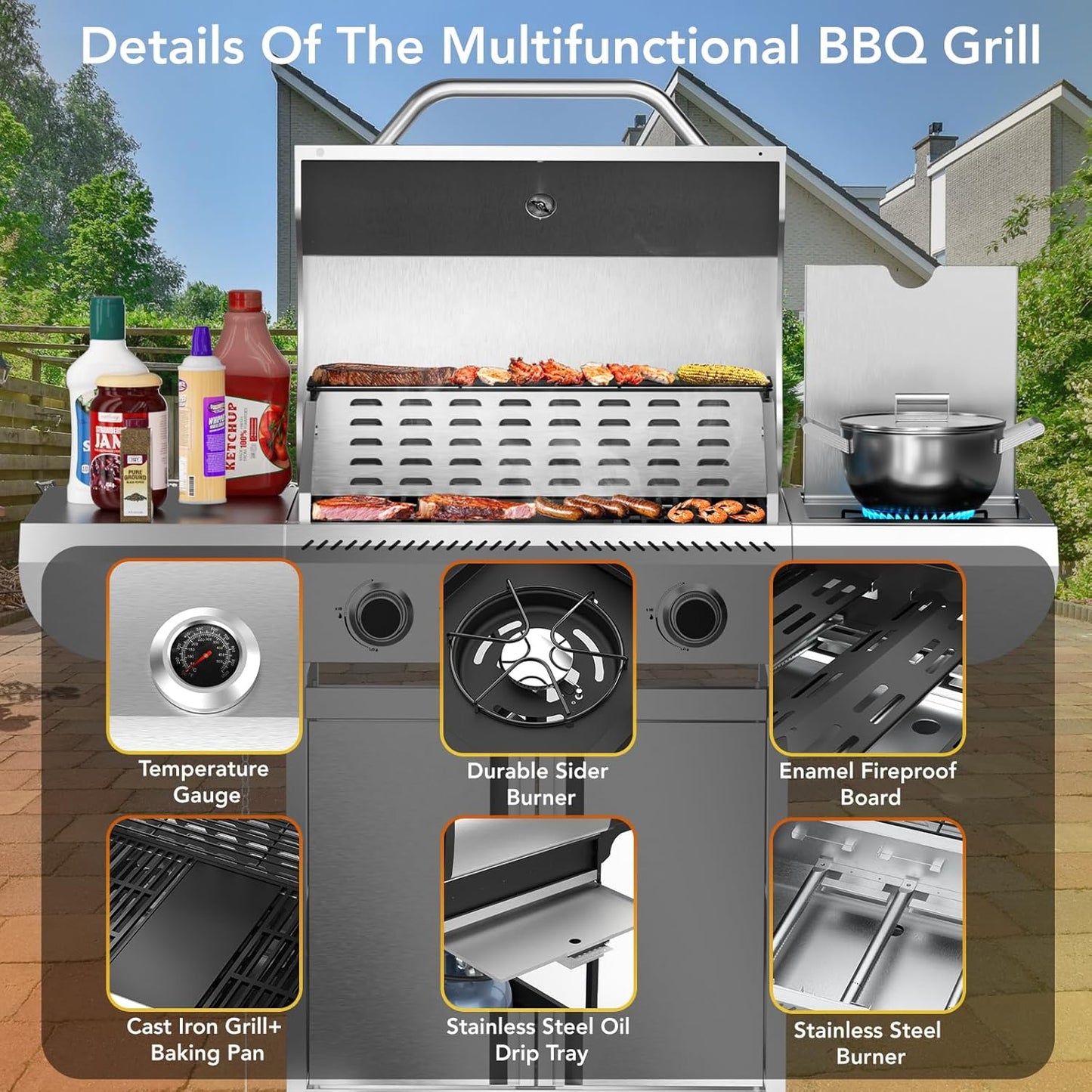 Gas Grill,Heavy-Duty Stainless Steel BBQ Grill,4 Burner Gas Grill with Side Burner,42000 BTU Propane Grill for Outdoor Cooking,Barbecue,Garden and Patio Backyard