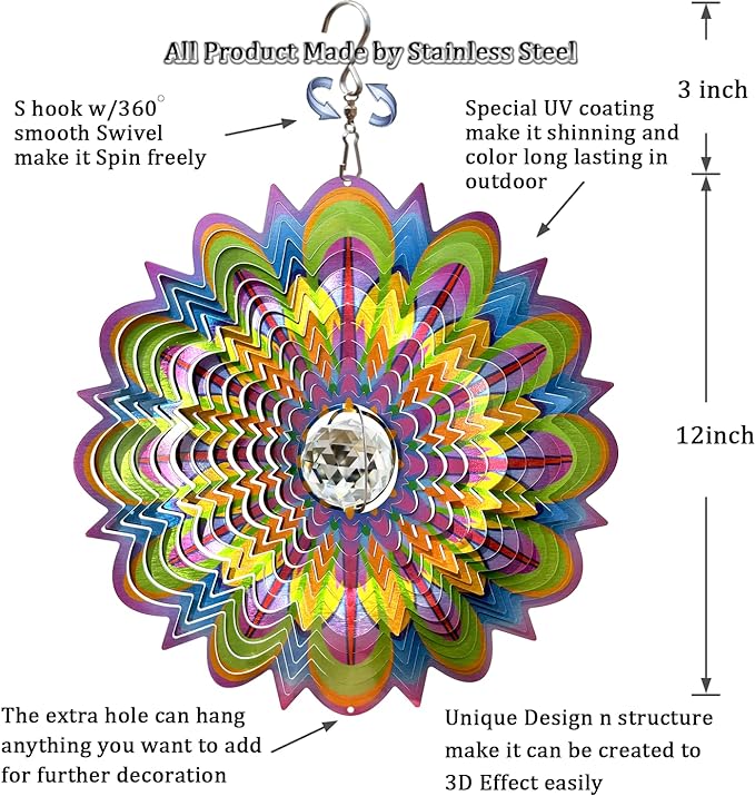 FONMY Mandala Wind Spinner w/Crystal Ball-Bloosom 3D Stainless Steel Suncatcher Hanging Spinners Worth Gift Christmas Decoration Indoor/Outdoor Garden Décor Kinetic Yard Art 12 Inches Wind Sculpture