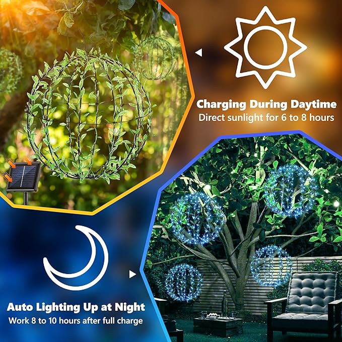 Flacchi Solar Powered Hanging Iron Sphere Lights with Artificial Greenery – 12Inch 120 LED Waterproof Outdoor Decor Ball Light with Timer & 8 Modes – 2 Pack for Garden, Christmas, Weddings(Blue)