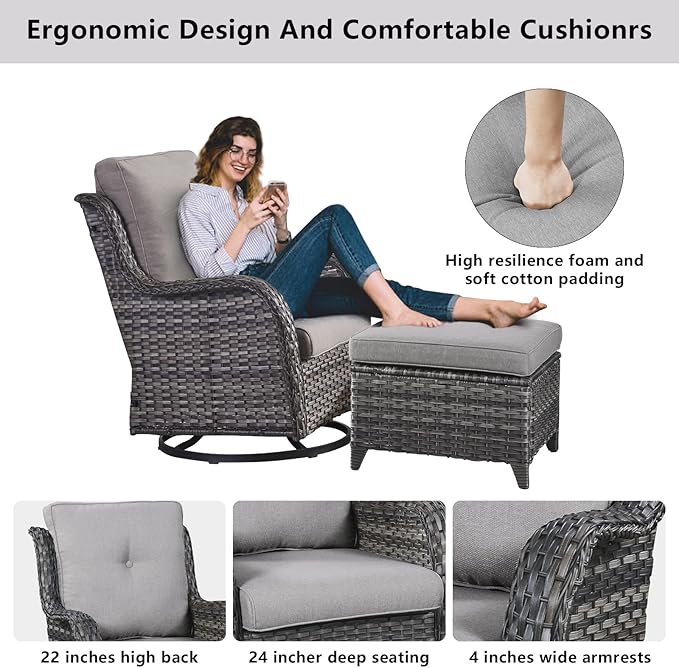 5 Piece Outdoor Patio Furniture Set - Wicker Furniture Patio Conversation Set, Outdoor Swivel Rocker Chairs with Loveseat Sofa and 2 Ottomans for Small Space, Gray Cushion
