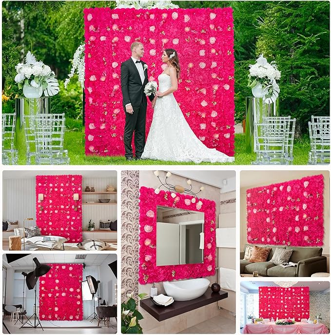 Flower Wall Backdrop 12 pcs 16.5x16.5 Inch Floral Wall Panel Artificial 3D Silk Rose Wall Decor Ideal for Wedding Celebrations, Festive Party Backdrops, and Home Decor-Rose Red
