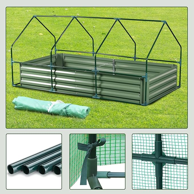 Aoodor 6 x 3 x 1 ft Raised Garden Bed with Mini Greenhouse Kit, Metal Planter Box with 2 Roll-Up Zipper Doors for Vegetables, Herbs, and Flowers