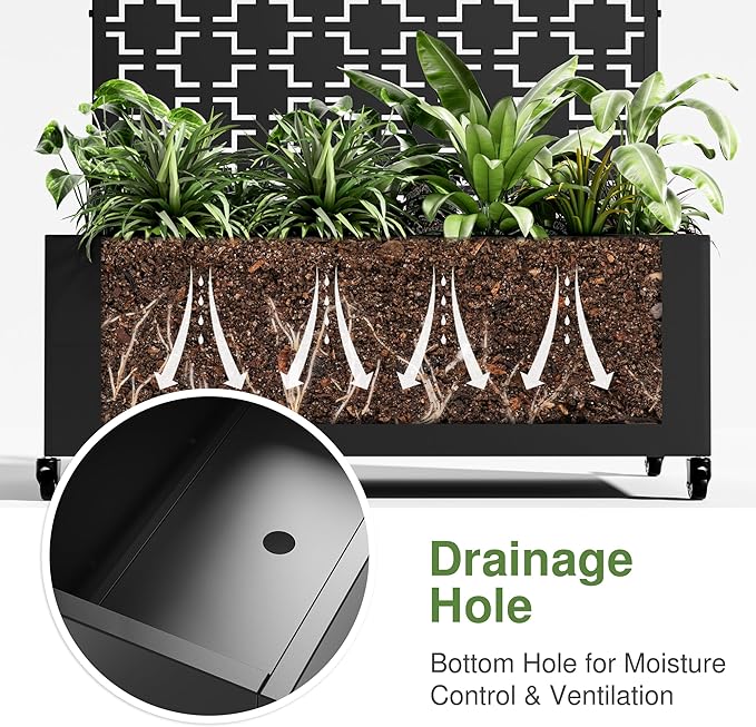 Casaphoria Metal Raised Garden Bed with Trellis and Wheels, 47"x47"x16" Planter Box for Climbing Plants, Vegetables & Vines, Features Drainage Holes and Privacy Screen (Black-Brick)