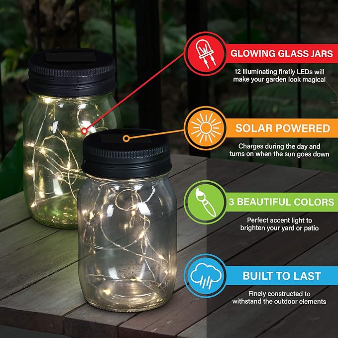 Exhart Solar Mason Jars, Set of 3 Glass Outdoor Garden Lanterns with Lids, 12 LED Firefly Lights, Lawn and Yard Decorations, 3.5 x 5.5 Inch