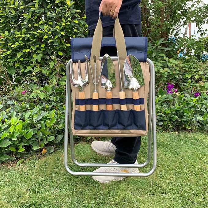Garden Folding Gardener Stool with Gardening Tools Insulation Garden Bags Plus 5 Garden Tools and Gardening Kneeler Ideal Gift for Mother's Day/Father's Day (Navy Blue)