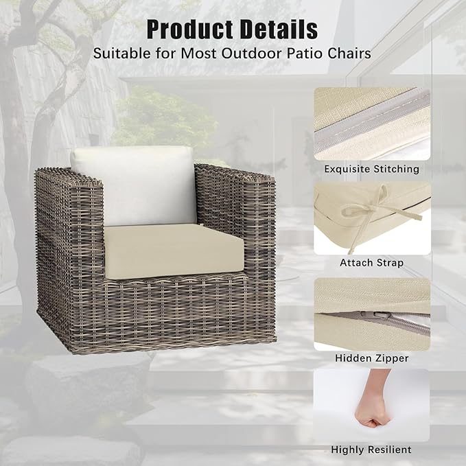 Favoyard Outdoor Chair Cushion 22 x 22 x 3 Inch Rainproof & 3-Year Fade Resistant Patio Furniture Cushions with Removable Cover and Adjustable Ties for Garden Sofa Couch Pads Set of 2, Beige