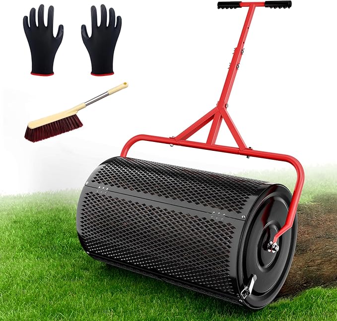 Compost Peat Moss Spreader for Lawn, 24 Inch Compost Roller Spreader with Adjustable T-Shaped Handle, Upgraded Side Clasps, Durable Lightweight Metal Roller, Lawn Garden Yard Care (Black)