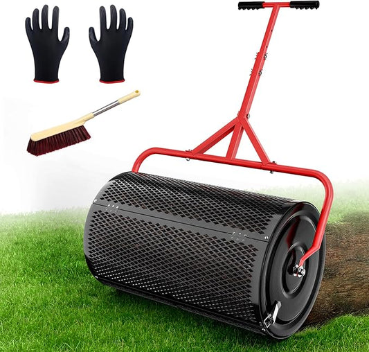 Compost Peat Moss Spreader for Lawn, 24 Inch Compost Roller Spreader with Adjustable T-Shaped Handle, Upgraded Side Clasps, Durable Lightweight Metal Roller, Lawn Garden Yard Care (Black)