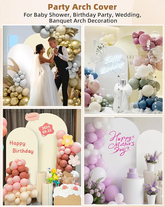 Hemmotop White and Beige Wedding Arch Backdrop Cover, Set of 2 (7.2ft, 6ft), 2 Sided Stretchy Spandex Fitted Balloon Arch Stand Backdrop for Birthday Party, Baby Shower, Double Color