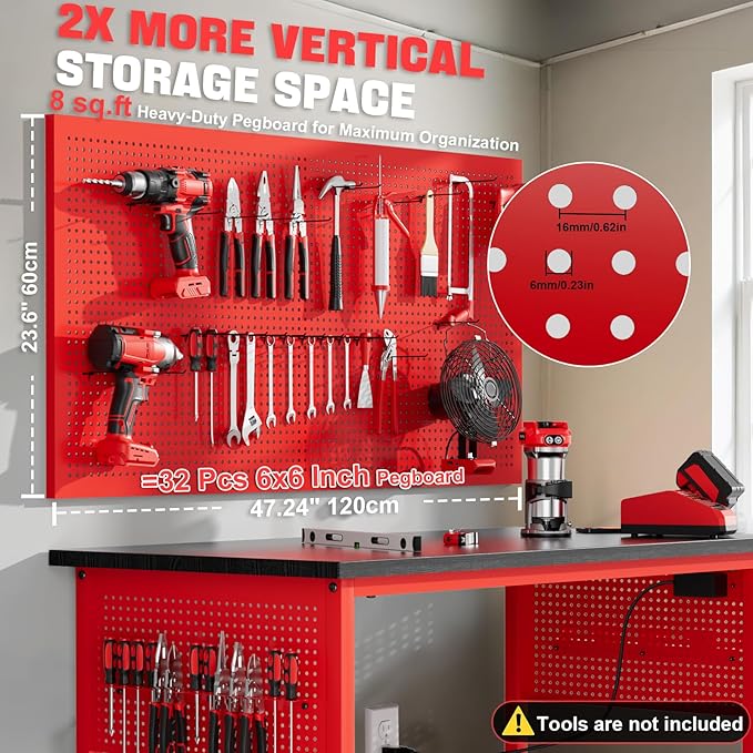 47" Heavy Duty Adjustable Workbench with Power Outlets, Pegboard & Locking Wheels - 2100LB Capacity Garage Work Table, Compatible with Milwaukee Battery, Reinforced Steel Frame for Workshop & Home Use