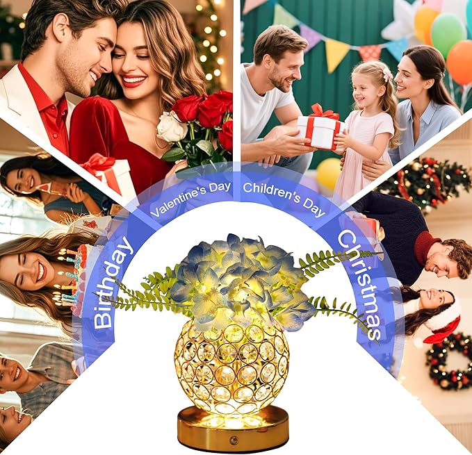 Blue Artificial Hydrangea Flower Lamp, 3 Color Dimmable Touch Control Night Light, Christmas Birthday Gifts for Women, Artificial Hydrangea Flower Table Lamp Decor for Bedroom Bar Coffee Shop Wedding