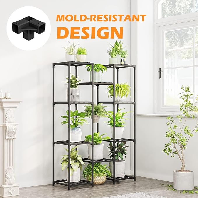 Bamworld Black Plant Stand Indoor Bamboo Hanging Plants Shelf for Multiple Plants Tall Large Holder for Living Room, Patio, Balcony, Garden