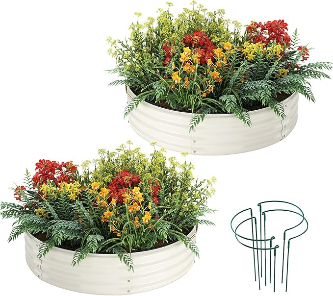 Galvanized Metal Planter Round Raised Garden Bed Kit for Gardening Outdoor，2x2x1ft 2pc Grow Garden Box Raised Flower Bed，Round Galvanized Planter Outdoor Metal Fire Pit Ring White