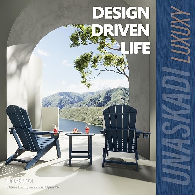 Folding Adirondack Chair Set of 4 with Cup Holder, HDPE All Weather Resistant Plastic Outdoor Patio Chairs, Heavy Duty Fire Pit Seating for Backyard Lawn Garden, Wooden Textured Design(Navy Blue)