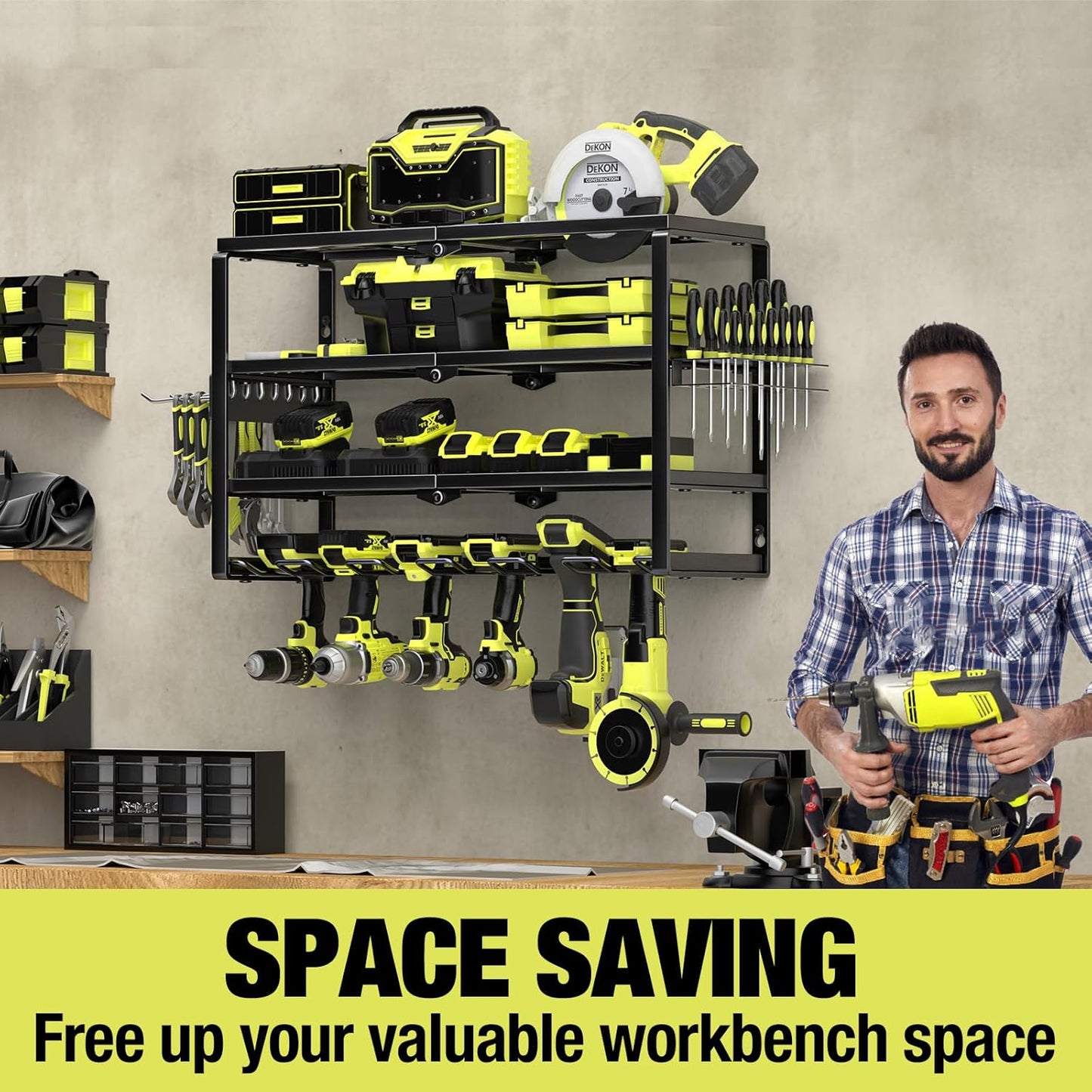 4 Layer Power Tool Organizer Wall Mount, Battery Tools Holder with Charging Station Shelf, Cordless Drill Hanger Storage Rack for Garage Organization, Workshop, Pegboard - 24 Inch 6 Slots