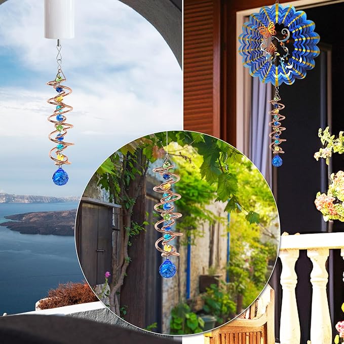 FONMY Gazing Ball Spiral Tail -Decorative Wind Spinner Sun Catcher Rainbow Maker Copper Double-Spiral W/Sea Blue Crystal Ball and Chain Crystals Beads for Indoor Outdoor Garden Decoration -14 inch H