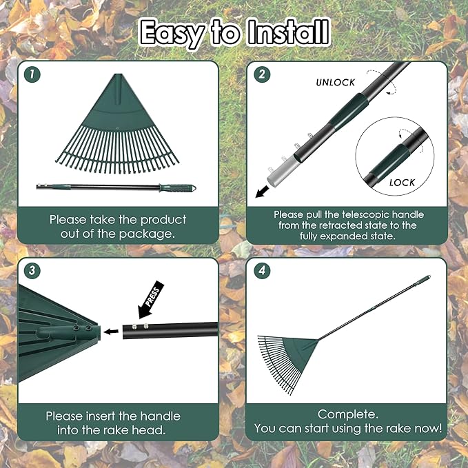 ORIENTOOLS Garden Leaf Rake, Garden Rakes for Lawns Leaves with 47-65" Adjustable Black Handle Rake, 26 Strong Tines Plastic Head Shrub Rake, Yard Garden Rake for Lawns, Flower Beds Leaves Cleaning