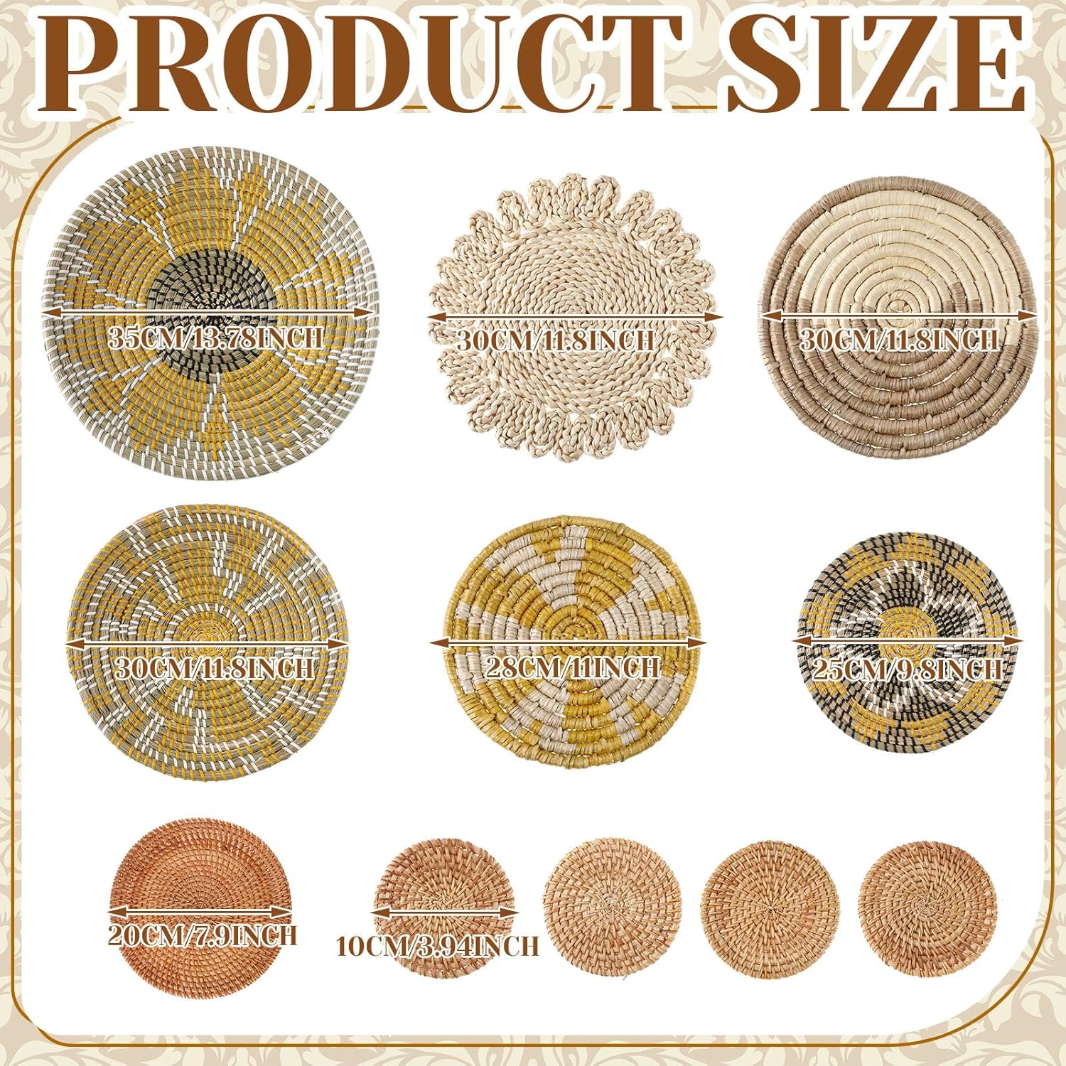 Tatuo 11 Pcs Boho Wall Basket Decor Decorative Bulrush Woven Basket Wall Decor Art Round Farmhouse Hanging Baskets for Kitchen Rustic Home Summer Decorations, Multi Sizes(Lively)