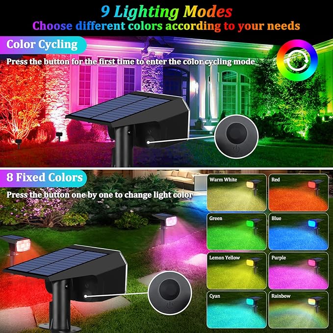 6-Pack Solar Spot Lights Outdoor, 59 LED Solar Lights Outdoor Waterproof, 9 Lighting Modes Outdoor Solar Lights for Yard, Landscape Spotlights for Christmas Garden Pathway Multicolor
