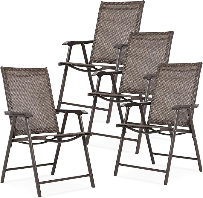 Aoodor Folding Patio Dining Chairs Textilene Fabric, Outdoor Steel Frame for All Weather Use, Fit for Porch, Lawn, Yard, Set of 4, Brown