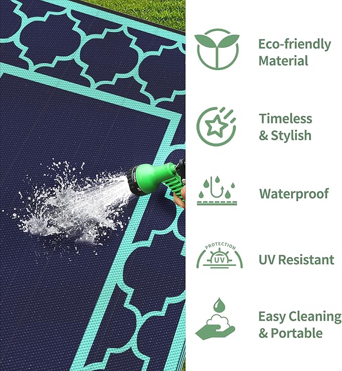 GENIMO 6' x 9' Outdoor Rug Waterproof for Patio Decor, Foldable Reversible Plastic Straw Area Rugs Mat for Camper, Outside Carpet for Rv, Deck, Porch, Picnic, Beach, Balcony, Navy Blue & Jade Green