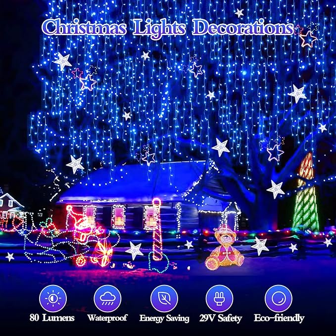480 LED 49FT Christmas Lights Plug in 8 Modes with Timer Dimmable Christmas Decorations Outdoor Waterproof Indoor Curtain String Lights for Roof Porch Garden Holiday Wedding Party Decor Blue