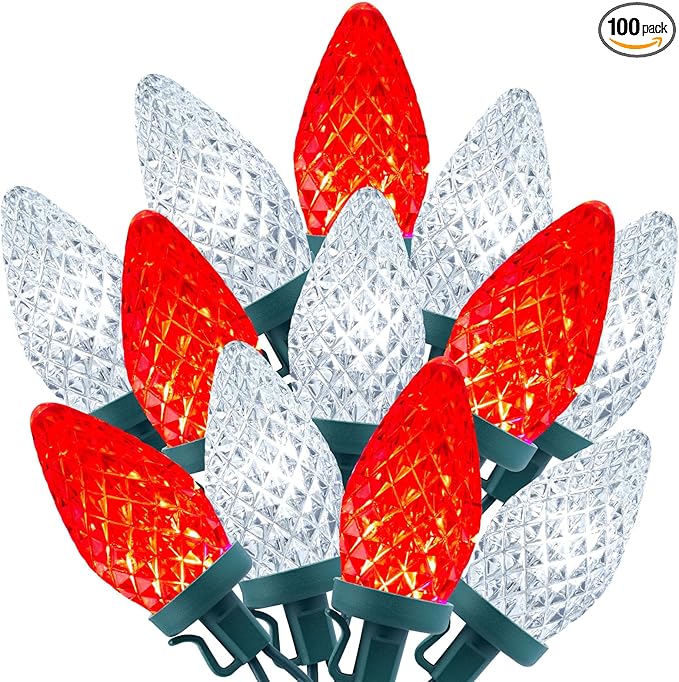 Brightown C9 LED Christmas String Lights, 66ft 100 LED Waterproof Strawberry String Lights, Plug-in Extendable Green Wire Lights String for Outdoor Outside Patio Party Decoration, Red and White