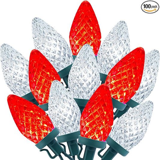 Brightown C9 LED Christmas String Lights, 66ft 100 LED Waterproof Strawberry String Lights, Plug-in Extendable Green Wire Lights String for Outdoor Outside Patio Party Decoration, Red and White