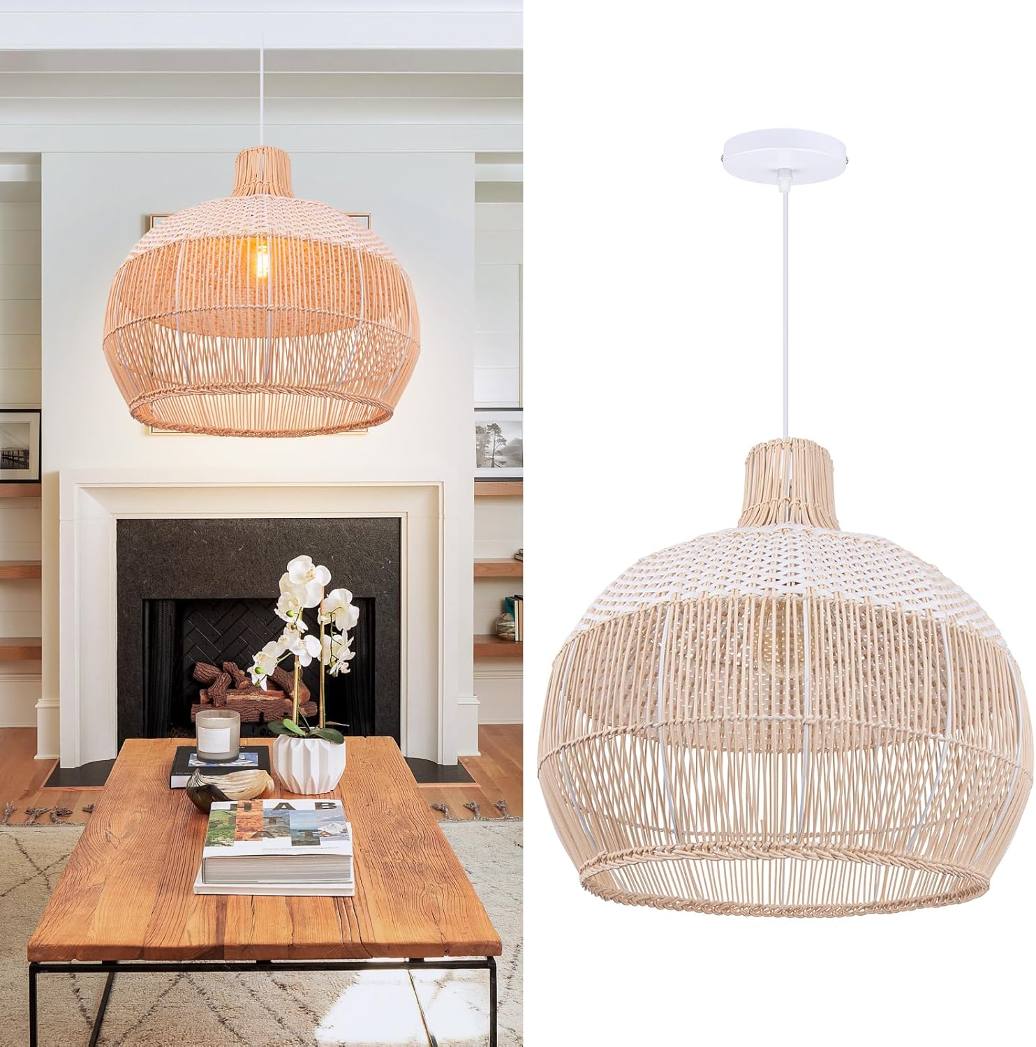 Arturesthome White Handwoven Rattan Boho Pendant Lighting Fixtures, Wicker Hanging Ceiling Light Chandelier, Handmade Woven Basket Lampshade for Kitchen Island