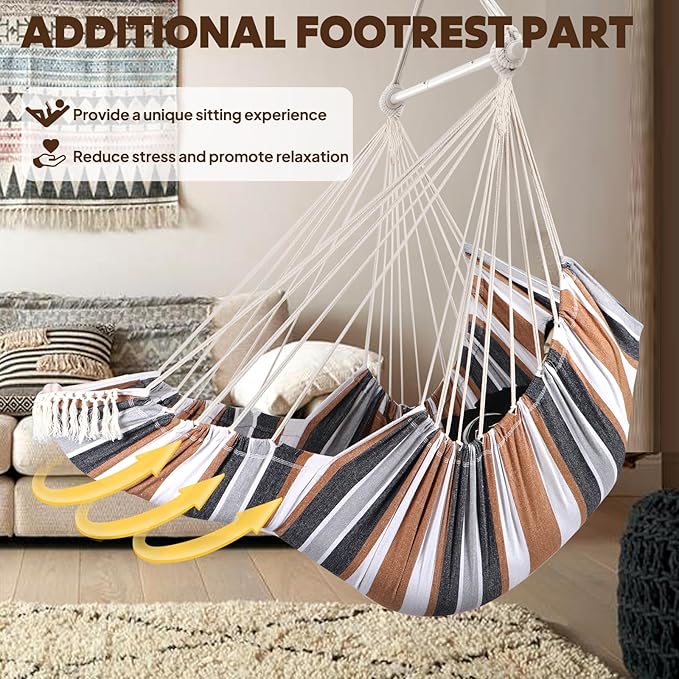 Chihee Hammock Chair Hanging Chair with Foot Rest 2 Cushions Max 500lbs Robust Metal Spreader Bar Collapsible Easy Storage Soft Cotton Swing Chair Strong Strap Iron Carabiner Side Pocket Included