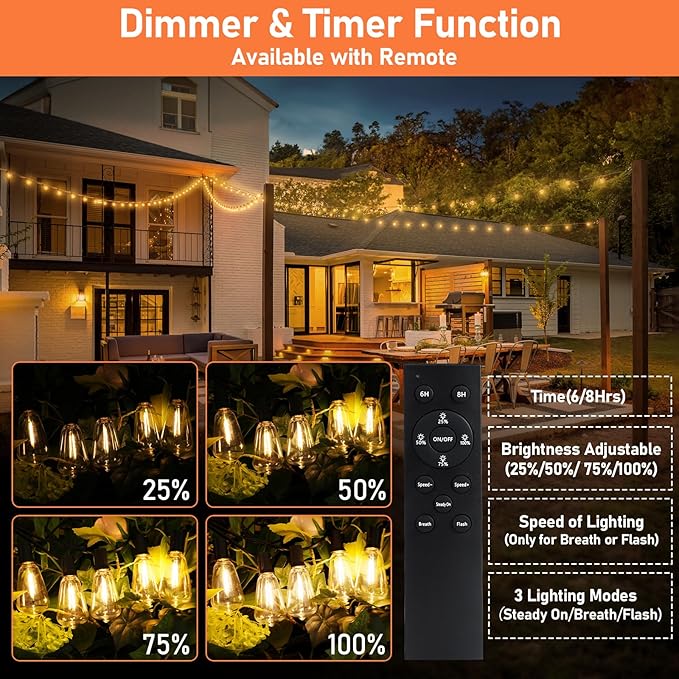 Bosceos 50 FT Solar String Lights for Outside, Solar Powered Outdoor String Lights, Dimmable Patio Lights with Remote Timer, 3 Lighting Modes Hanging Lights Waterproof for Christmas Wedding Tents