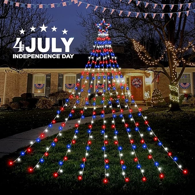 4th of July Decorations Lights, Red White Blue String Lights 320 LED 11.5 Ft Flag Stars Patriotic Light with Big Star Topper Waterproof 8 Light Modes for Indoor Outdoor Memorial Day Independence Day