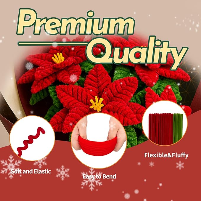 500Pcs Special Poinsettia Pipe Cleaners Craft Kit, All-in-One DIY Christmas Flower Making Supplies with Chenille Stems, Floral Wire, Floral Tape, Stamen, Ribbon for Holiday Decorations