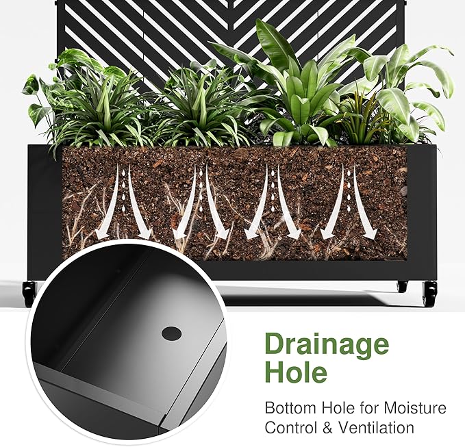 Casaphoria Metal Raised Garden Bed with Trellis and Wheels, 47"x47"x16" Planter Box for Climbing Plants, Vegetables & Vines, Features Drainage Holes and Privacy Screen (Black-Parallel)