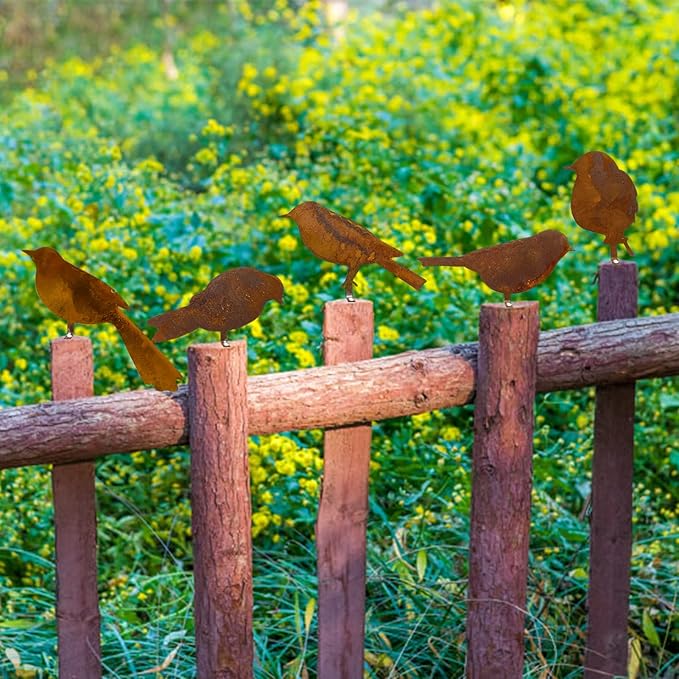 5PCS Metal Bird Silhouette with Rusty, Rusty Birds Decoration, Metal Birds Statues, Lifelike Patina Metal Birds Garden Ornaments Silhouette