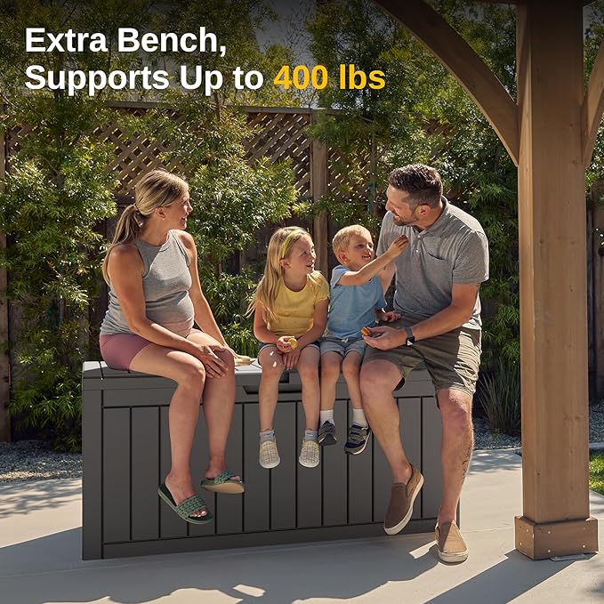 EAST OAK Outdoor Storage Box, 90 Gallon Deck Box, Waterproof Resin Storage Bin for Patio Cushions, Gardening Tools, Lockable, UV Resistant, Grey