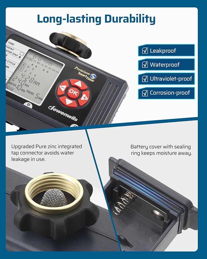 DEWENWILS Sprinkler Timer 3 Zone, Water Hose Garden Irrigation Timer with 4 Programmable Procedure and Low Battery Warning, Repeat Watering over Period, Faucet Controller with Rain Delay Mode for Lawn