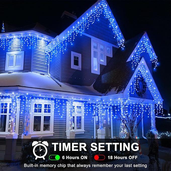 Christmas Icicle Lights Outdoor, 98FT 1216 LED Icicle String Lights with 8 Modes 228 Drops, Curtain Twinkle Lights for Bedroom House Holiday Party Wedding Decorations, Blue