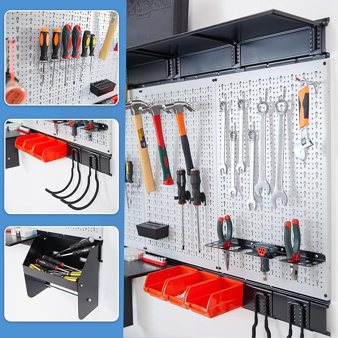 Ultrawall Peboard Storage Organizer, 48x36 inch Pegboard Wall Organizer, Metal Garage Peg Board with Toolboard, Utility Hooks, Overhead Shelf, 105pcs