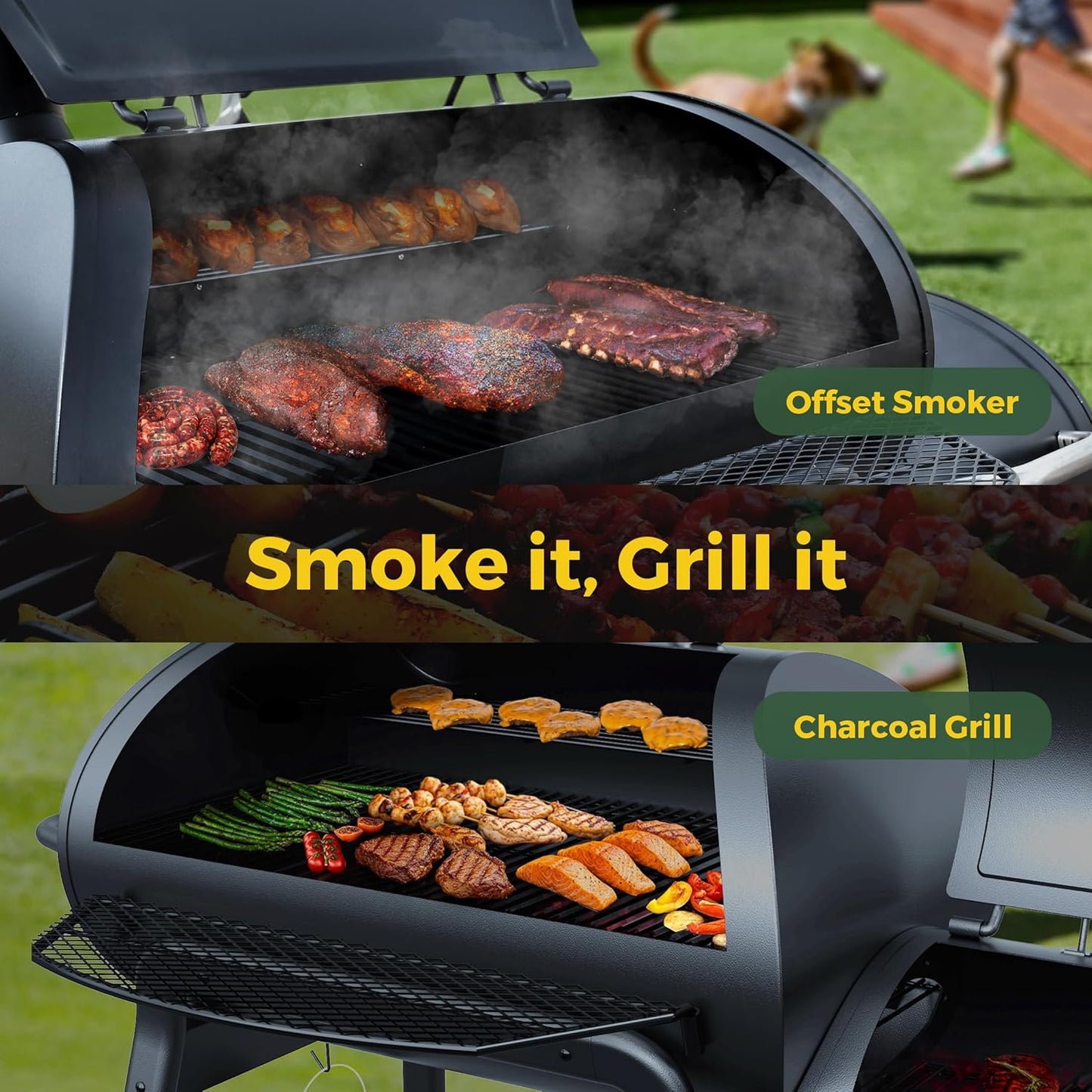 Brand-Man Charcoal Offset Smoker Grill, Heavy-Duty Barrel BBQ Grill Smoker Combo with Side Fire Box for Outdoor Patio and Backyard Cooking